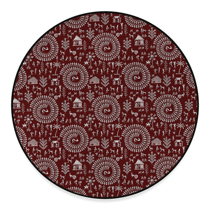 Red And White Warli Tribal Print Round Floor Mat