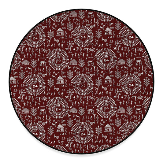 Red And White Warli Tribal Print Round Floor Mat