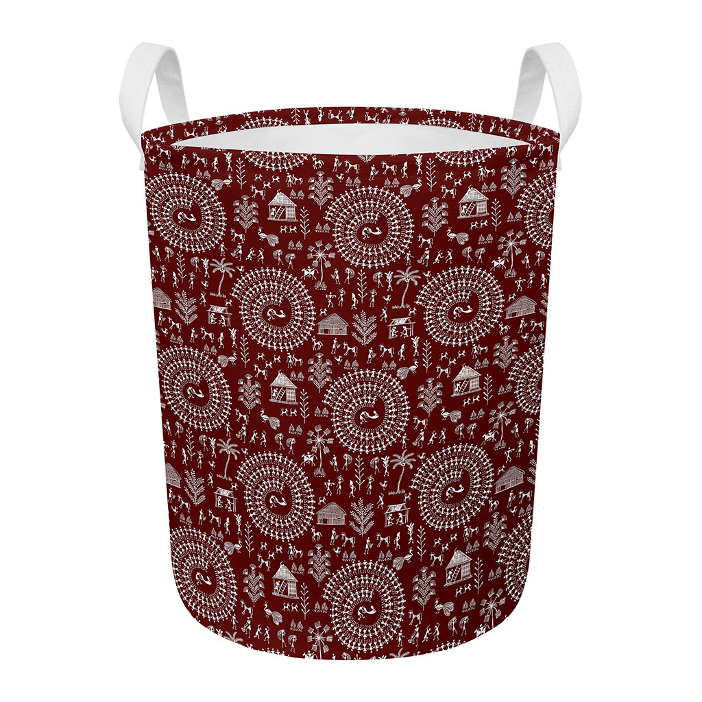 Red And White Warli Tribal Print Round Laundry Basket
