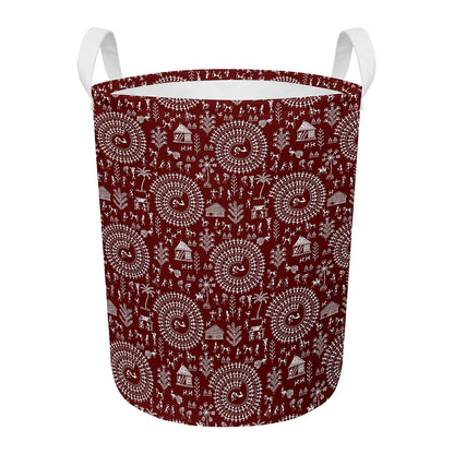 Red And White Warli Tribal Print Round Laundry Basket