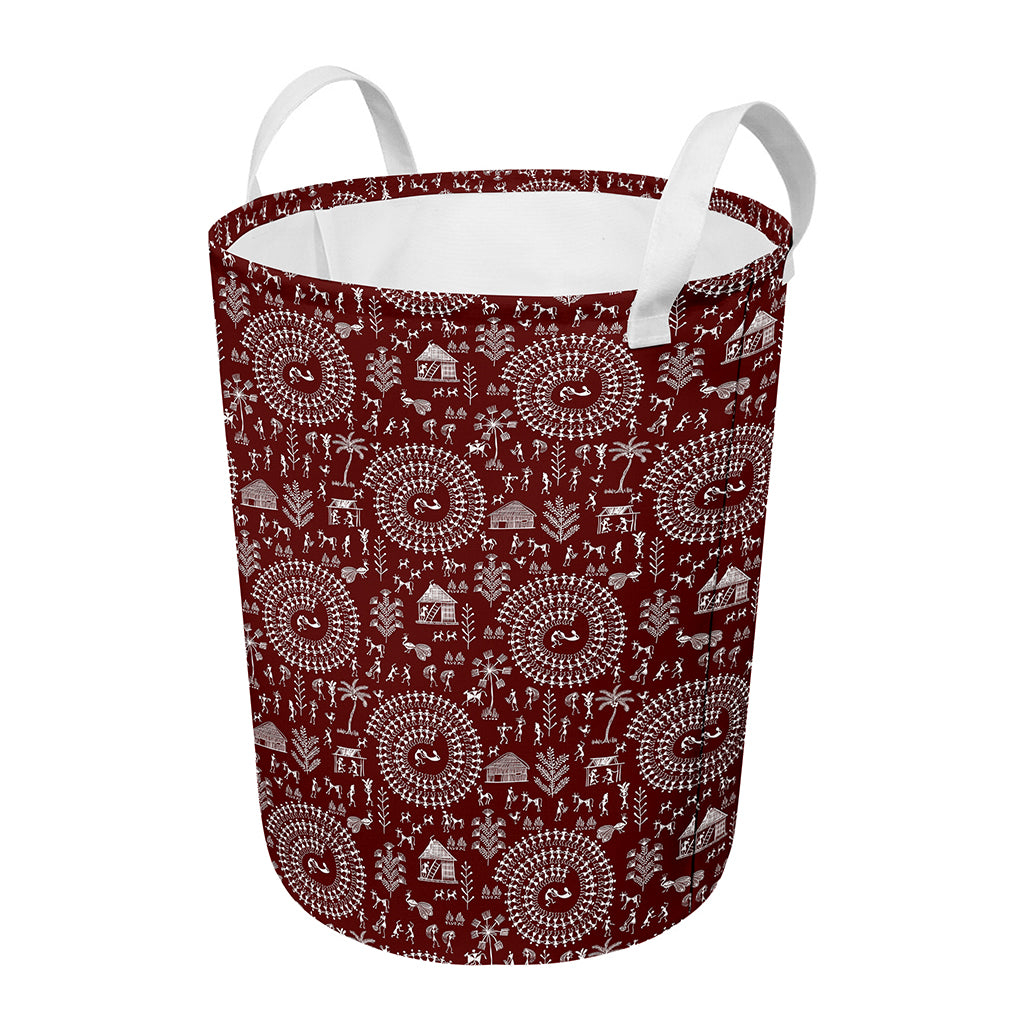 Red And White Warli Tribal Print Round Laundry Basket