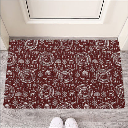 Red And White Warli Tribal Print Rubber Doormat