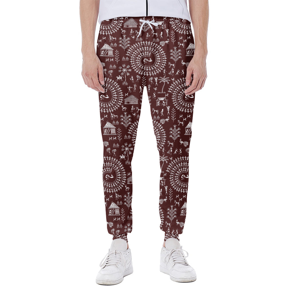 Red And White Warli Tribal Print Scuba Joggers
