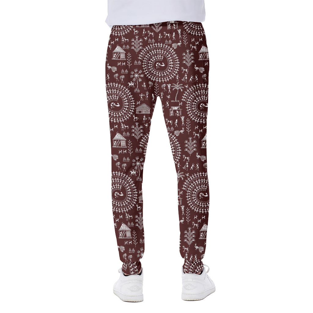 Red And White Warli Tribal Print Scuba Joggers