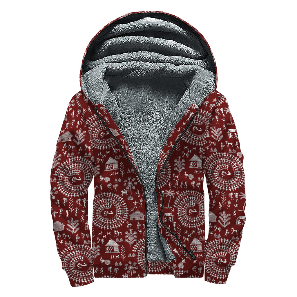 Red And White Warli Tribal Print Sherpa Lined Zip Up Hoodie