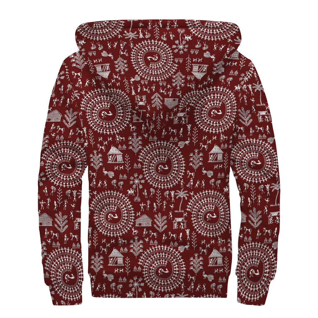Red And White Warli Tribal Print Sherpa Lined Zip Up Hoodie