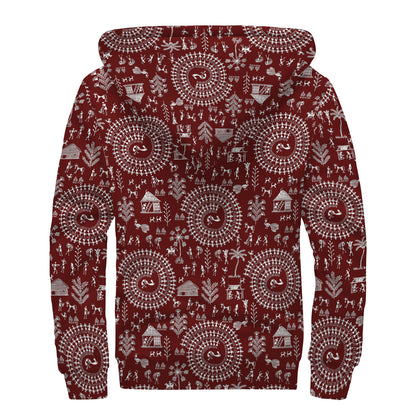 Red And White Warli Tribal Print Sherpa Lined Zip Up Hoodie