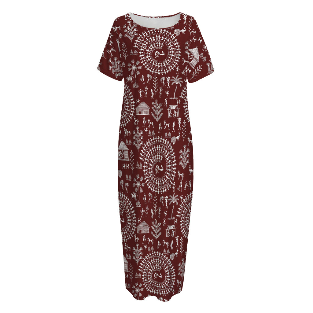 Red And White Warli Tribal Print Short Sleeve Long Nightdress