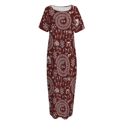 Red And White Warli Tribal Print Short Sleeve Long Nightdress