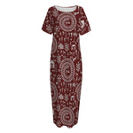 Red And White Warli Tribal Print Short Sleeve Long Nightdress