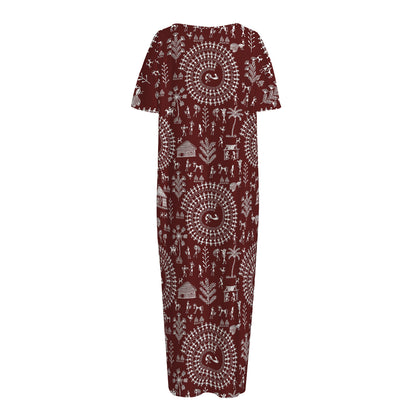 Red And White Warli Tribal Print Short Sleeve Long Nightdress