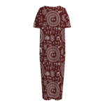 Red And White Warli Tribal Print Short Sleeve Long Nightdress