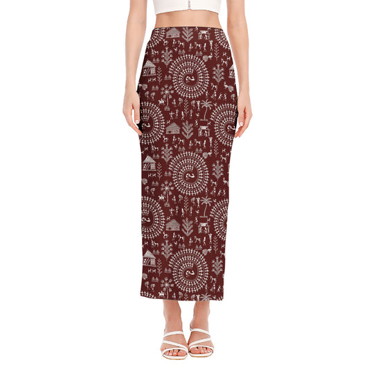 Red And White Warli Tribal Print Side Slit Maxi Skirt
