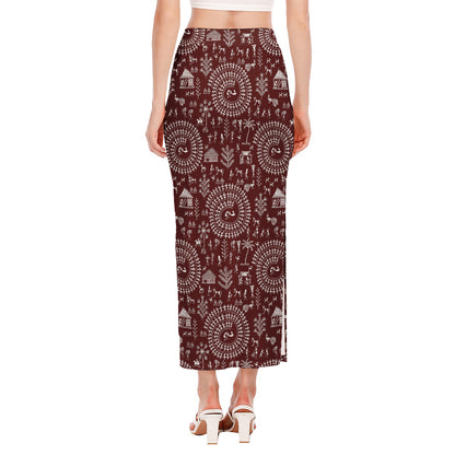 Red And White Warli Tribal Print Side Slit Maxi Skirt