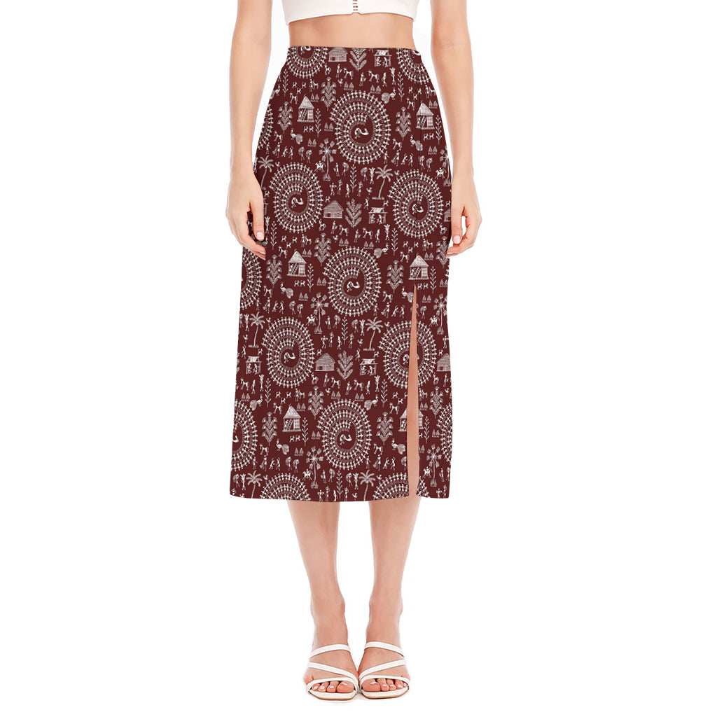 Red And White Warli Tribal Print Side Slit Midi Skirt