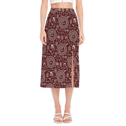 Red And White Warli Tribal Print Side Slit Midi Skirt