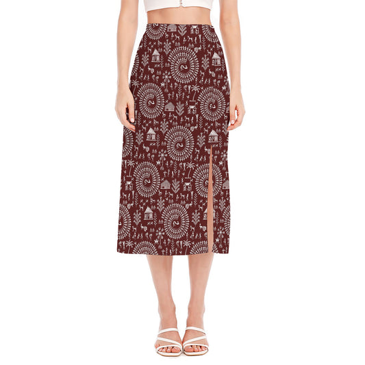 Red And White Warli Tribal Print Side Slit Midi Skirt