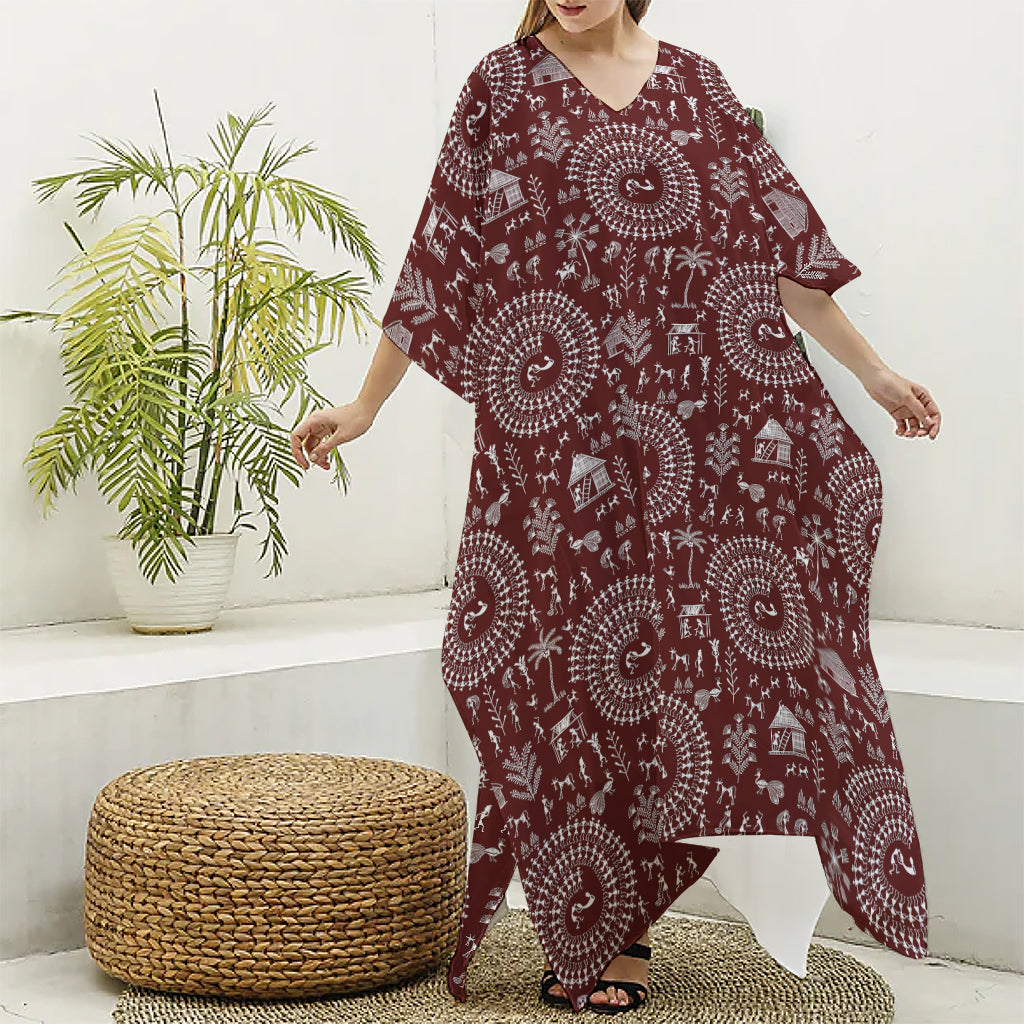 Red And White Warli Tribal Print Silk V-Neck Kaftan Dress