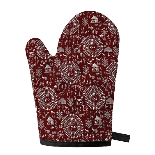 Red And White Warli Tribal Print Single Oven Mitt