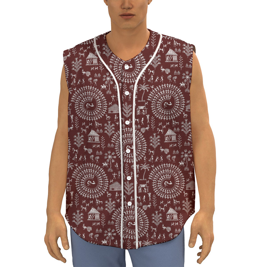 Red And White Warli Tribal Print Sleeveless Baseball Jersey