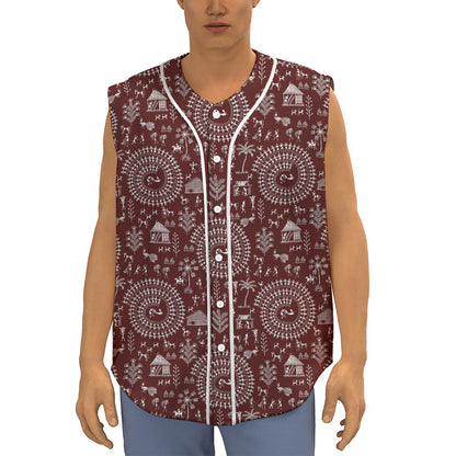 Red And White Warli Tribal Print Sleeveless Baseball Jersey