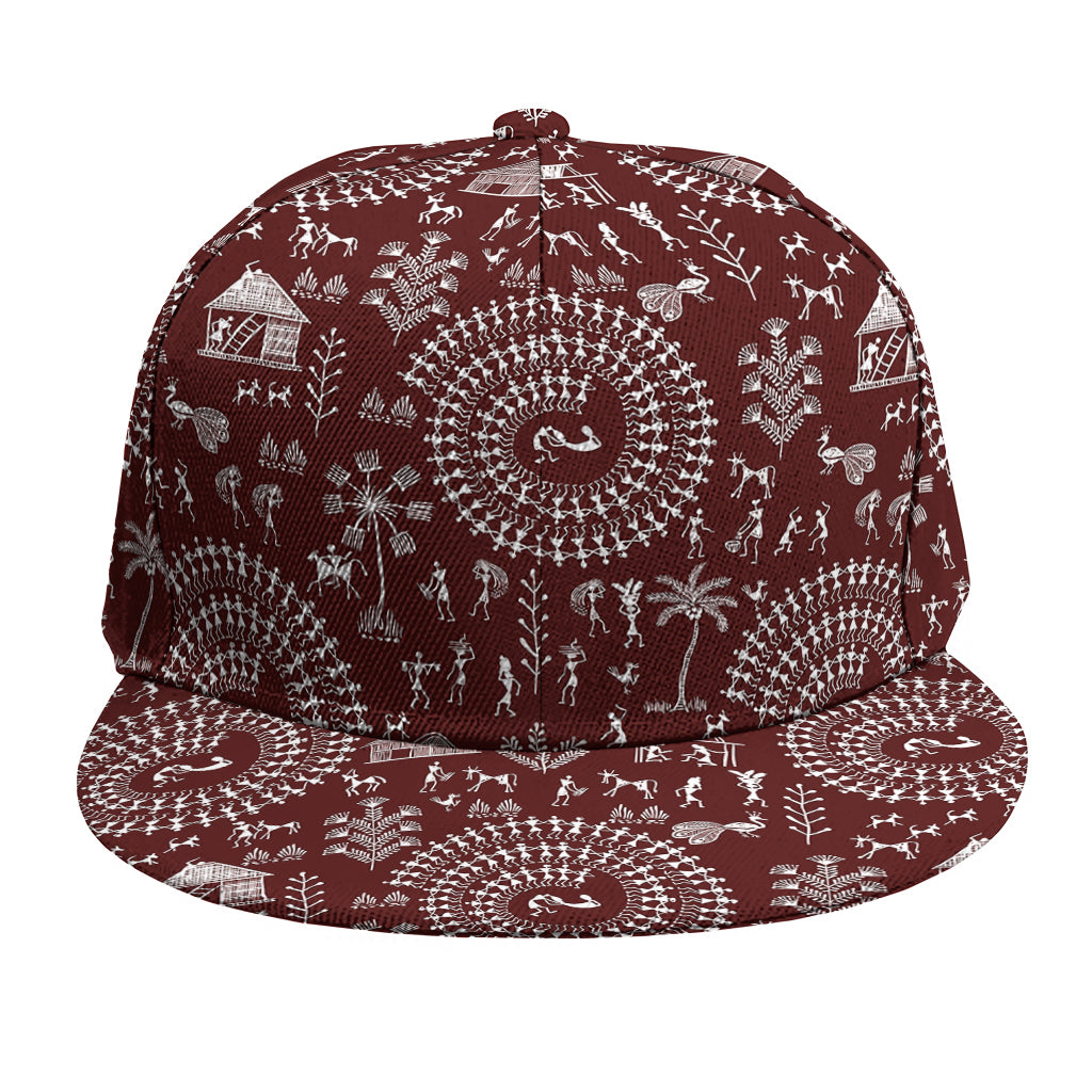 Red And White Warli Tribal Print Snapback Cap