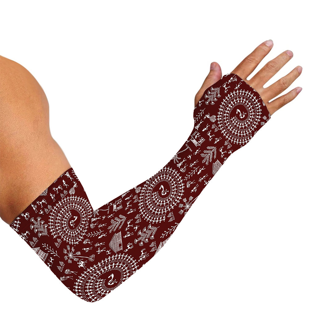 Red And White Warli Tribal Print Sun Protection Arm Sleeves