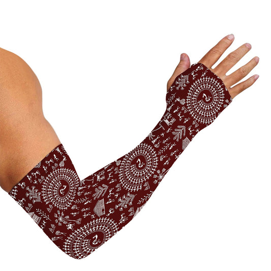Red And White Warli Tribal Print Sun Protection Arm Sleeves