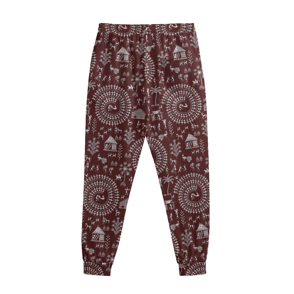 Red And White Warli Tribal Print Sweatpants