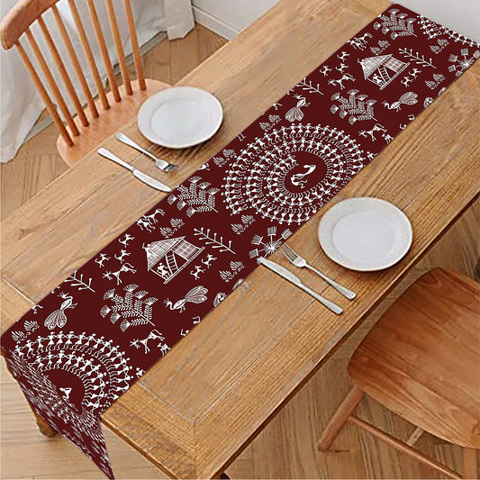Red And White Warli Tribal Print Table Runner