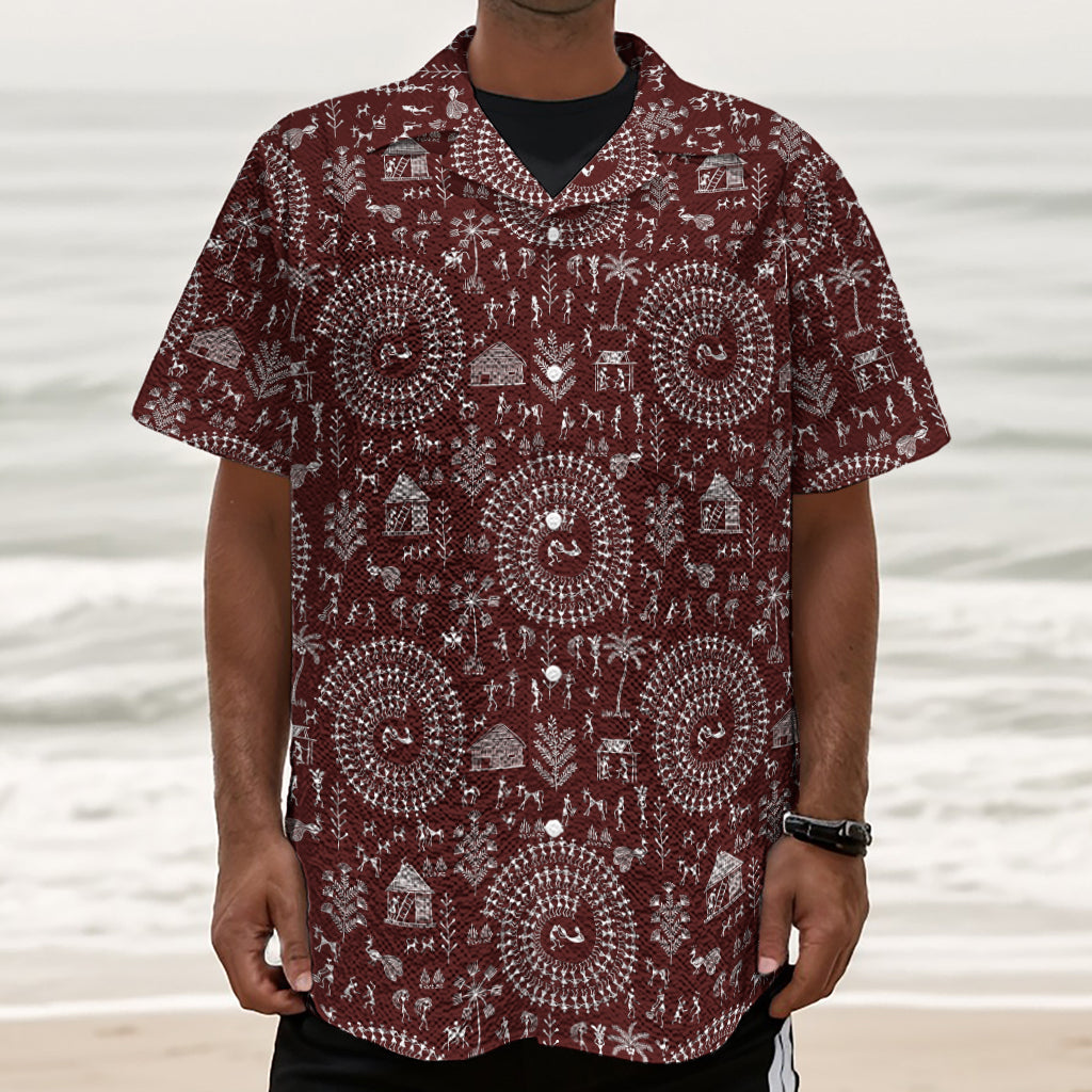 Red And White Warli Tribal Print Textured Short Sleeve Shirt