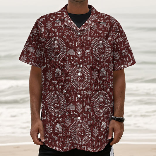 Red And White Warli Tribal Print Textured Short Sleeve Shirt