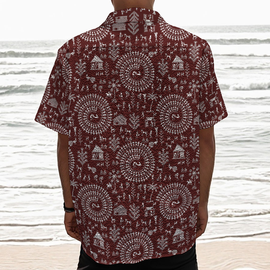 Red And White Warli Tribal Print Textured Short Sleeve Shirt