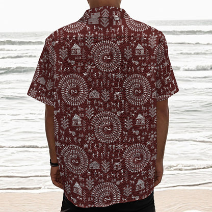 Red And White Warli Tribal Print Textured Short Sleeve Shirt