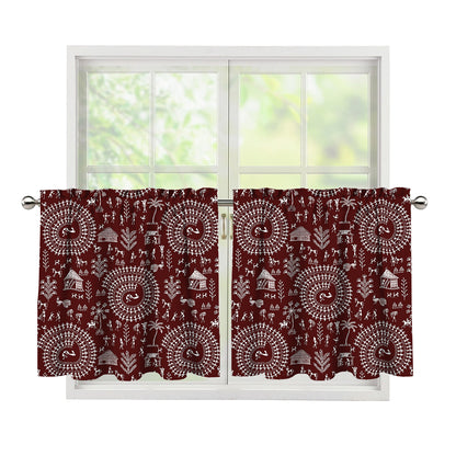 Red And White Warli Tribal Print Tier Curtains