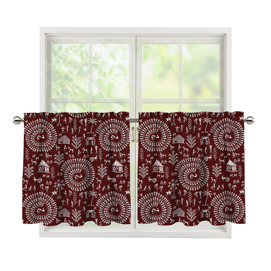Red And White Warli Tribal Print Tier Curtains