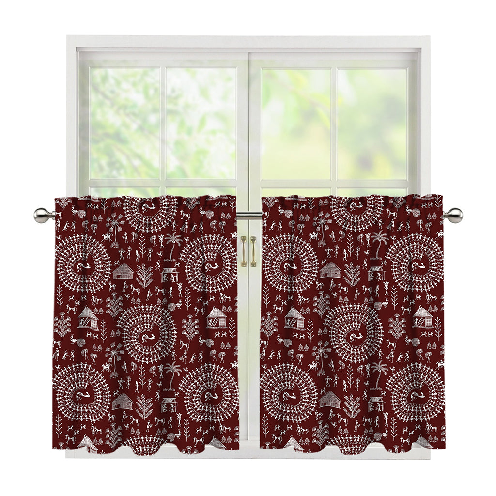 Red And White Warli Tribal Print Tier Curtains