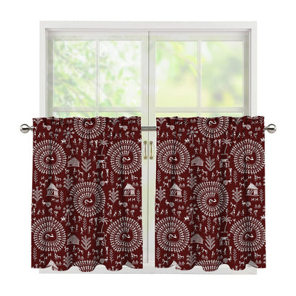 Red And White Warli Tribal Print Tier Curtains