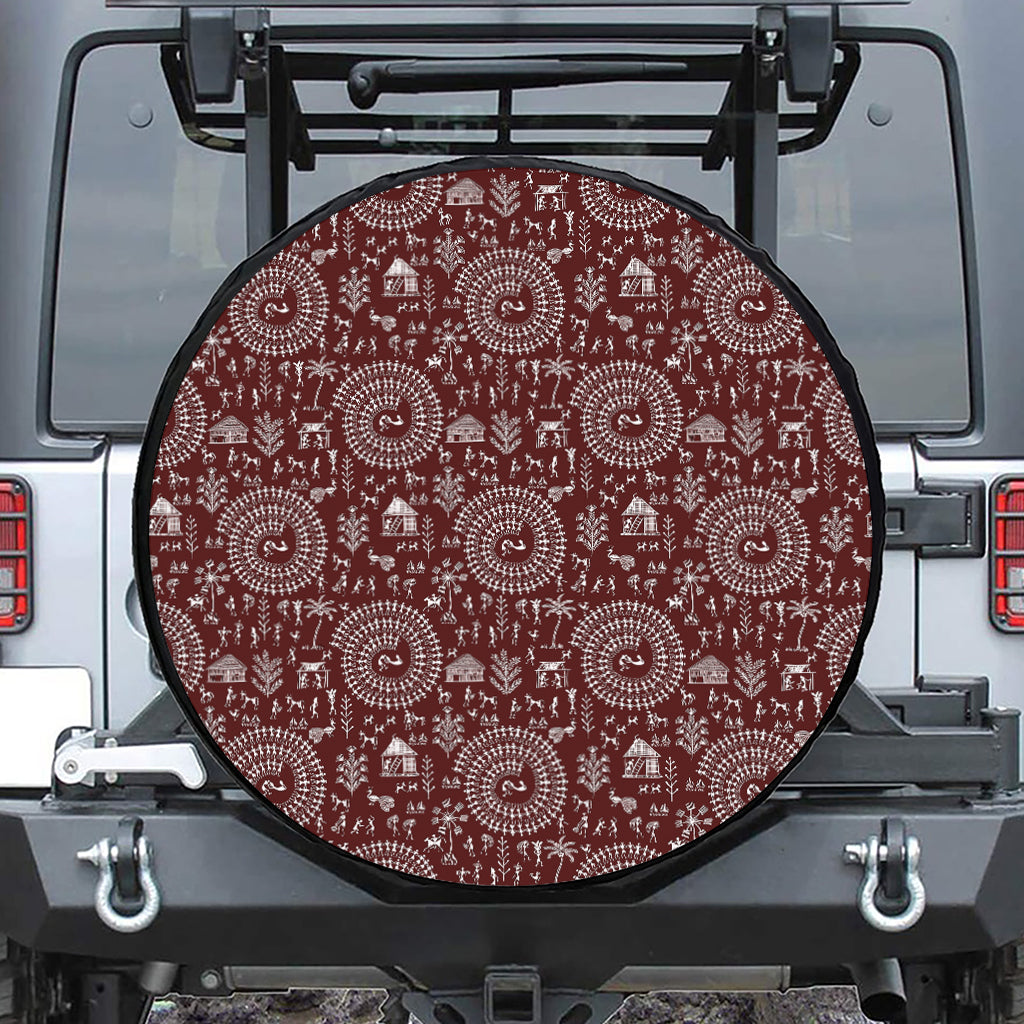 Red And White Warli Tribal Print Tire Cover