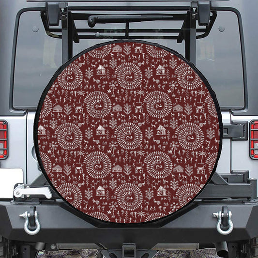 Red And White Warli Tribal Print Tire Cover