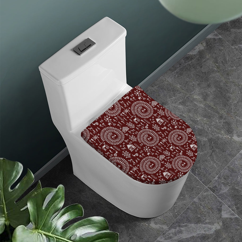 Red And White Warli Tribal Print Toilet Lid Cover