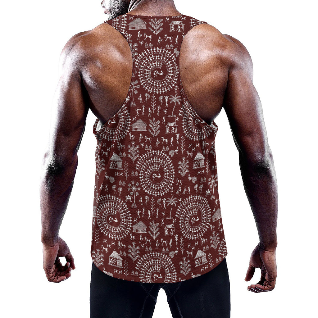 Red And White Warli Tribal Print Training Tank Top
