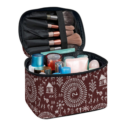 Red And White Warli Tribal Print Travel Makeup Bag