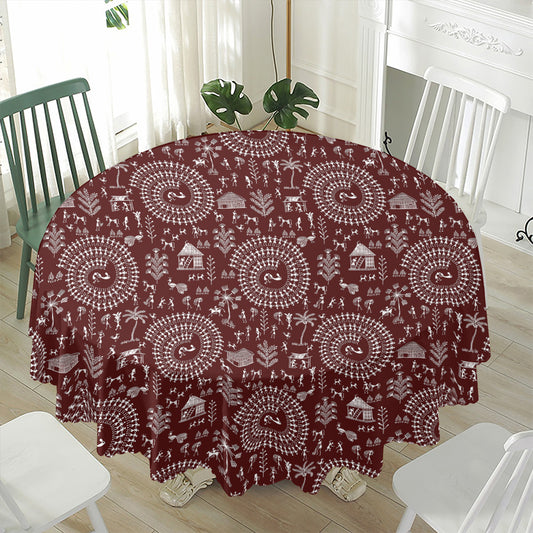 Red And White Warli Tribal Print Waterproof Round Tablecloth