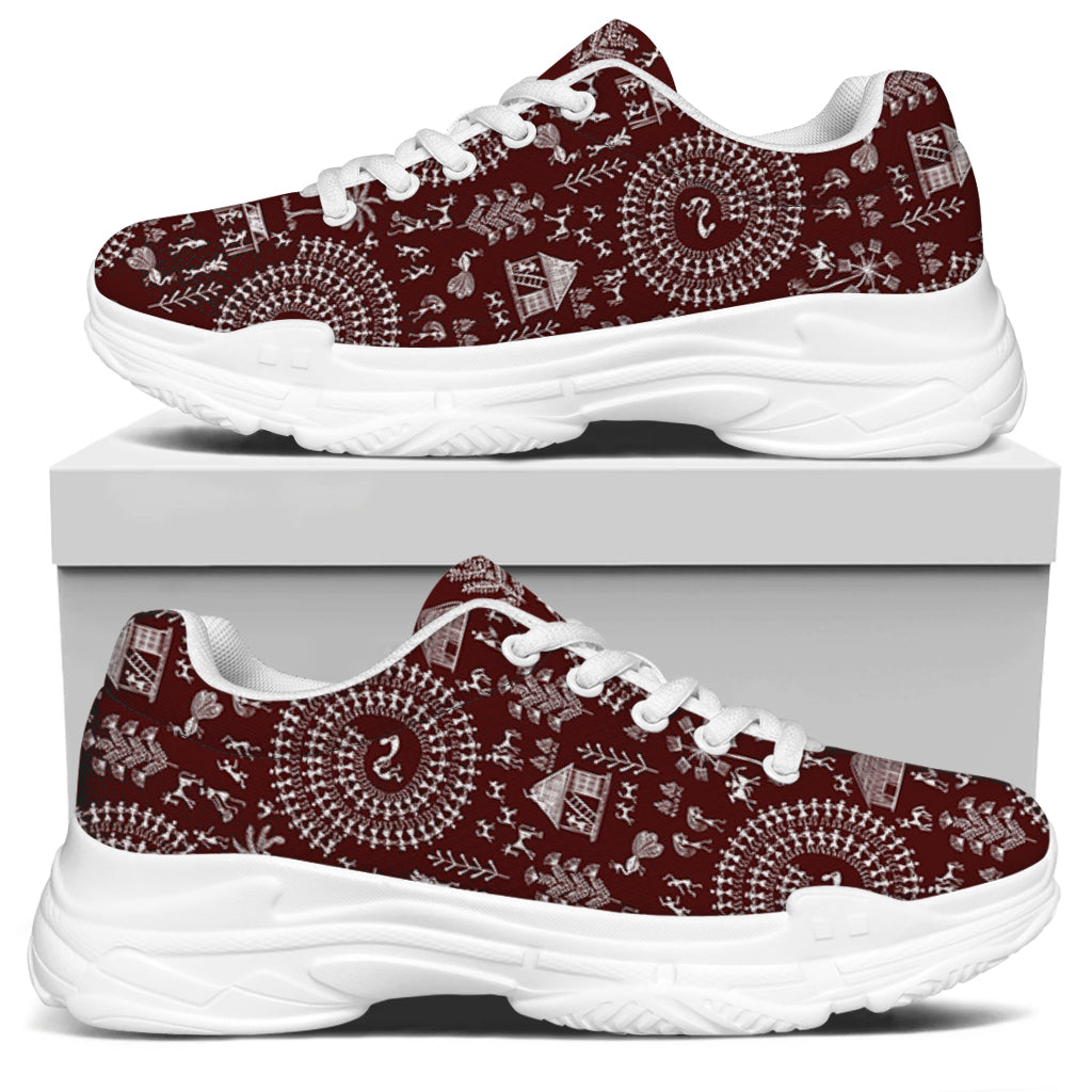 Red And White Warli Tribal Print White Chunky Shoes