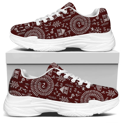 Red And White Warli Tribal Print White Chunky Shoes