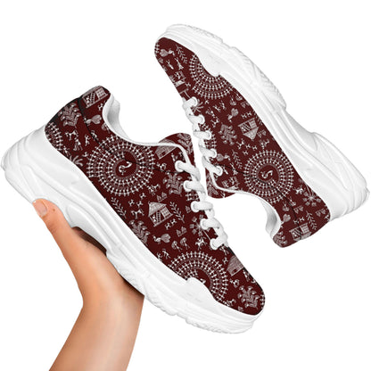 Red And White Warli Tribal Print White Chunky Shoes