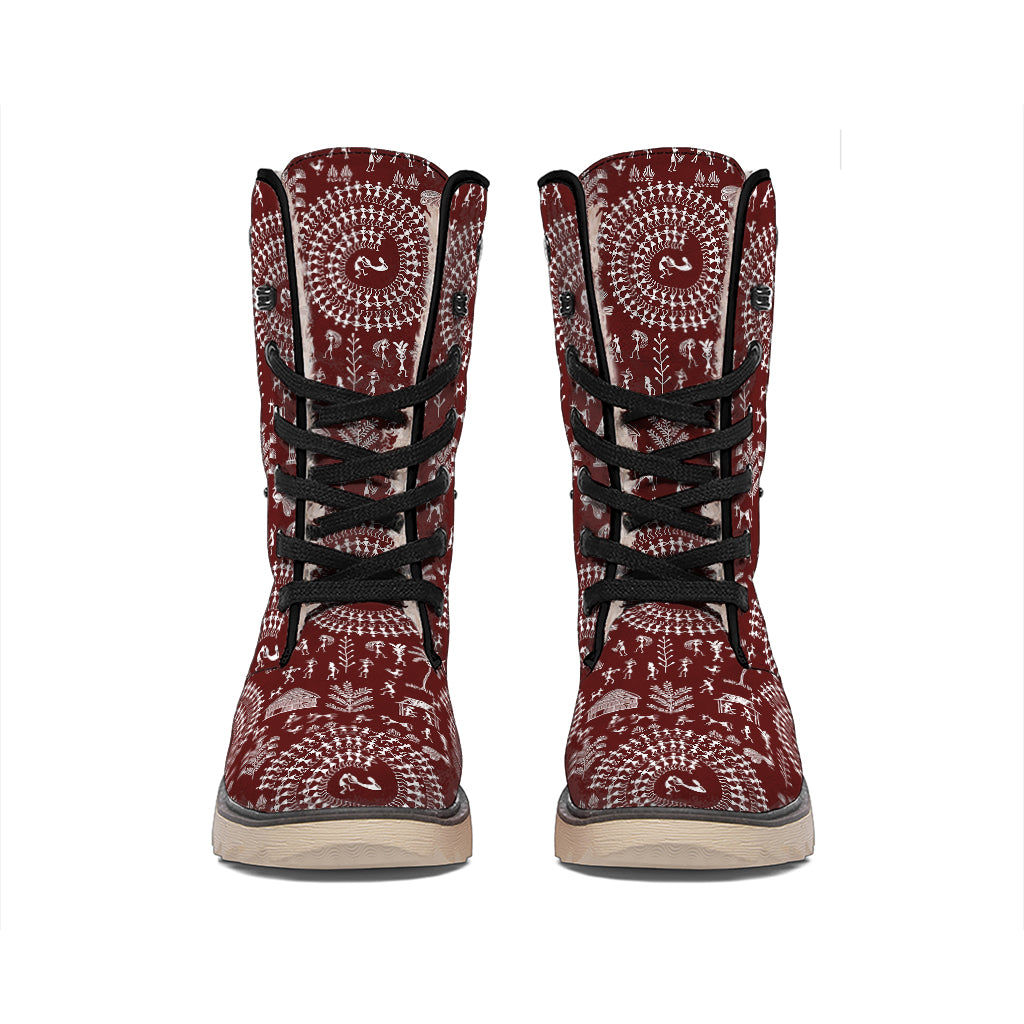 Red And White Warli Tribal Print Winter Boots