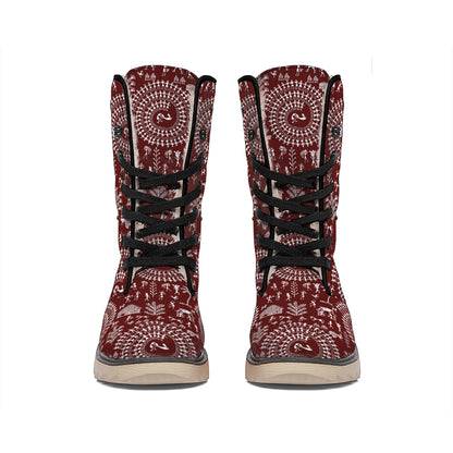 Red And White Warli Tribal Print Winter Boots