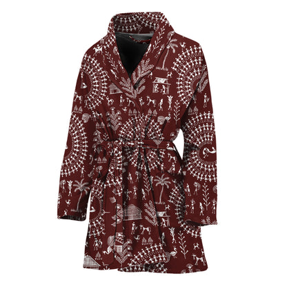 Red And White Warli Tribal Print Women's Bathrobe